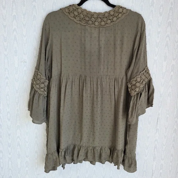 Womens L Peasant Babydoll Top Tunic Crochet Olive Green Cottage Boho Festival‎ - Picture 4 of 10